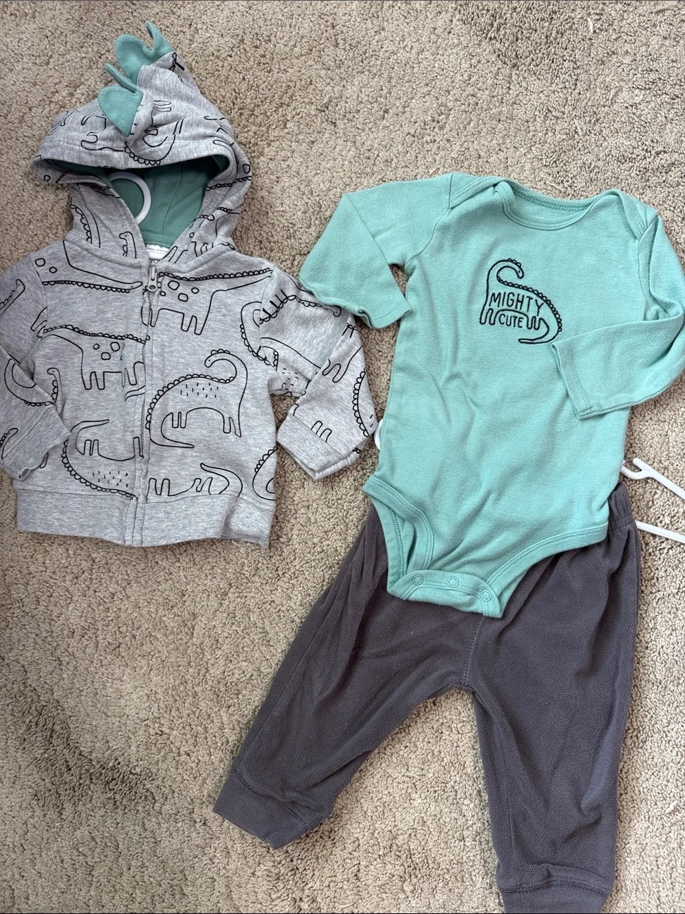 👶 5/$10!! Mighty Cute Dino Mint One-Piece with Gray Dino Hoodie Set (9MO)